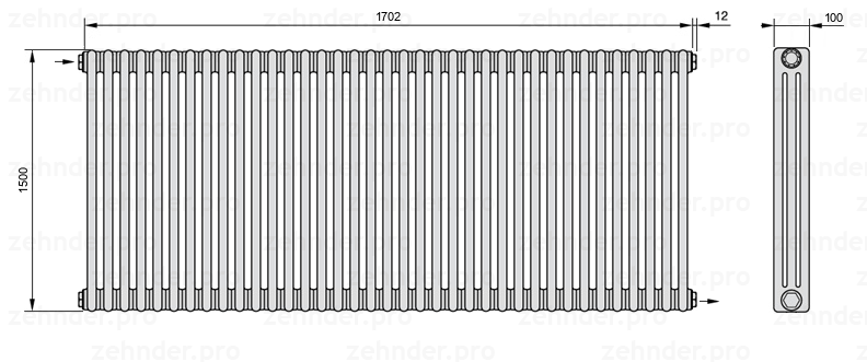 Схема (чертеж) Радиатор Zehnder Charleston 3150/37 №1670 Белый глянцевый RAL 9016